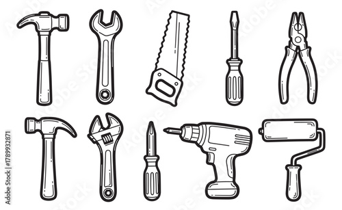 Collection of hand drawn construction tools for repair and home improvement. Black and white line art icons of a hammer, wrench, saw, screwdriver, drill and paint roller