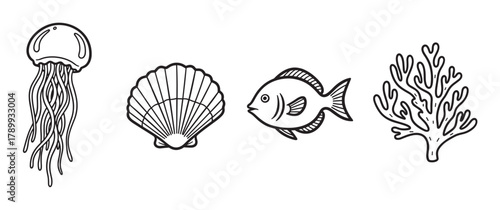 Hand drawn set of ocean animal and plant icons. Minimalist black line art collection including a jellyfish, seashell, fish and coral for graphic design elements