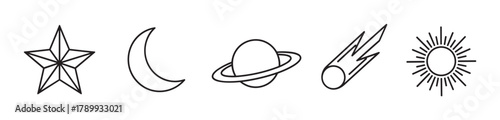 Minimalist celestial icon set with various space elements. Outline symbols of a star, crescent moon, planet, comet, and sun for astronomy or astrology design projects