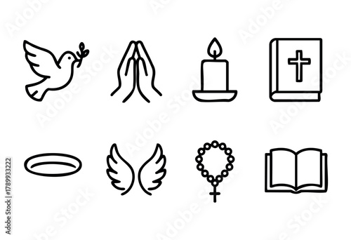 A set of eight line icons related to religion, faith, and spirituality. The icons include a dove with an olive branch, praying hands, a candle, a closed bible with a cross, a halo, angel wings, rosary