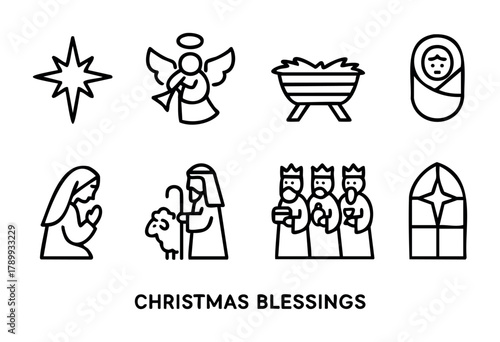 Set of eight minimalist line icons depicting the nativity scene: a star, angel, manger, baby Jesus, Mary praying, shepherd with a sheep, three wise men, and a church window with a star. Perfect for Ch