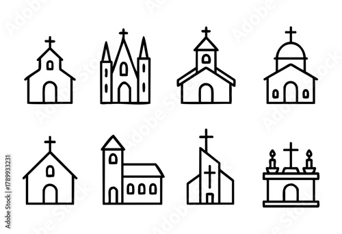 Set of eight line art icons depicting various styles of churches and a church altar, perfect for religious or architectural design projects. The simple, clean style is versatile and easily adaptable.