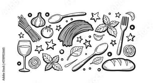 Hand drawn collection of italian food ingredients for pasta. Monochrome sketch set with spaghetti, tomato, basil, garlic and wine. Doodle elements for a restaurant menu design