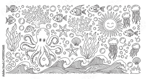 Hand drawn collection of underwater animals and marine life in a cute cartoon style. Black and white outline set with octopus fish coral and waves for a children's coloring page
