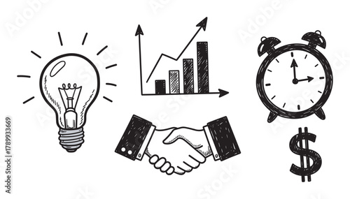 Hand drawn business concept icons including a lightbulb, upward graph, alarm clock, handshake, and dollar sign. These doodle elements represent ideas, growth, time, agreement, and finance