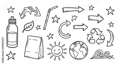 Hand drawn doodle icons for ecology and sustainability concepts. Set includes a reusable bottle, paper bag, recycle symbol, and planet earth for environmental conservation
