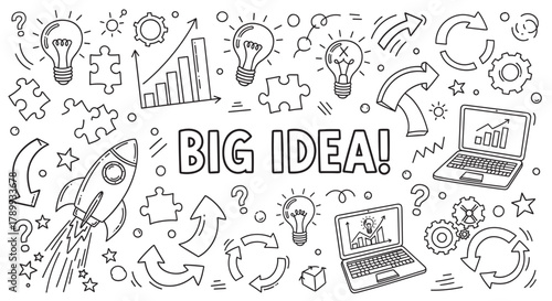 Big idea concept with hand drawn doodle elements for business startup and innovation. Creative set includes light bulb, rocket launch, and growth chart icons for brainstorming