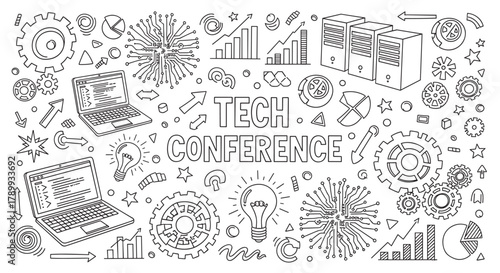 Hand drawn tech conference concept with doodle style icons for business and innovation. Outline drawing of laptops, servers, circuit boards and data charts for a presentation