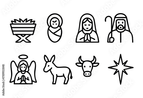 Set of eight line art icons depicting the Nativity scene: manger, baby Jesus, Mary, shepherd, angel, donkey, ox, and the star of Bethlehem. Perfect for Christmas cards, invitations, or religious theme