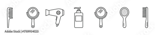 Hairdresser tools and beauty accessories icon collection. Simple outline symbols including a hairdryer, comb, brush, mirror, and shampoo for graphic design elements
