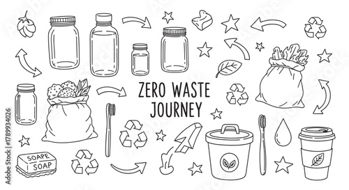 Zero waste journey icon set with eco friendly and sustainable lifestyle elements. Hand drawn doodle collection of reusable containers, recycling symbols and organic products