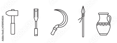 Set of ancient tools and historical artifacts icons in a minimal line art style. Collection includes a hammer, chisel, sickle, spear, and pottery for archaeology concepts