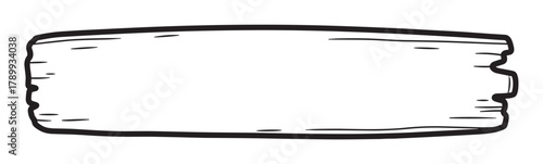 Rustic wooden plank sign with empty space for custom text. Hand drawn doodle style wood board banner or label element. Isolated monochrome signboard graphic on white