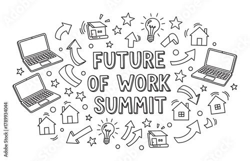 Future of work summit doodle with icons for remote work and technology. Hand drawn graphic concept for business conferences, innovation, and corporate presentations
