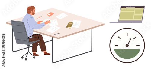 Man focused on paperwork at a desk with scattered documents, book, laptop, and a progress timer visual. Ideal for productivity, time management, deadlines, multitasking, office work efficiency