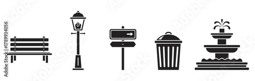 City park and street furniture icon set in a simple black silhouette style. Collection of urban public space elements including a bench, lamppost, signpost and fountain
