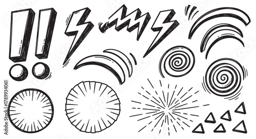Collection of hand drawn comic book elements for expressing shock and surprise. Doodle symbols set with lightning bolts, exclamation marks, and swirls for graphic design