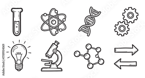 Hand drawn science and technology icon set in a simple doodle style. Collection of research symbols like atom, dna, microscope, and molecule for educational projects