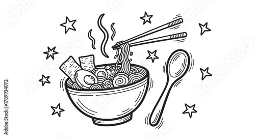 Doodle sketch of a japanese ramen noodle bowl with chopsticks and spoon. Traditional asian cuisine line art for a restaurant menu or food packaging design concept