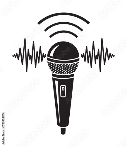 Microphone icon with sound waves for podcasting and broadcasting. Simple audio recording and voice transmission symbol for radio, interviews or live performance concepts