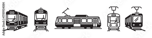 A collection of tram and streetcar icons for public transportation design. Graphic symbols of urban electric railway vehicles shown from front, side, and perspective views
