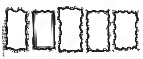 Collection of five hand drawn doodle frames. Wavy black and white borders for creative design. Ideal for scrapbooking, social media, or educational content