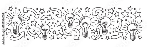 Hand drawn light bulbs with glowing lines and stars forming a decorative border. Creative concept for innovation, brainstorming, and continuous flow of new ideas