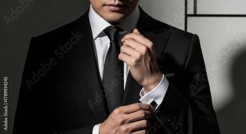 businessman adjusting his cufflinks in a black suit, sophisticated studio lighting and minimalist composition.