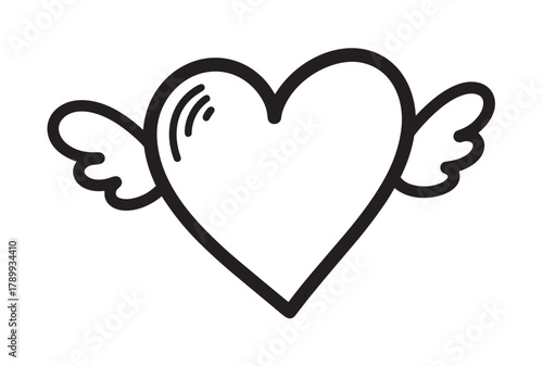 Hand drawn heart with angel wings icon in a simple doodle style. Minimalist symbol of love and romance for valentine's day greeting cards or wedding invitations