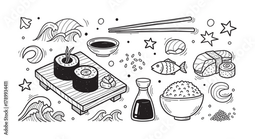 A collection of hand drawn japanese food elements including sushi rolls, nigiri, and a bowl of rice. Essential asian cuisine items for restaurant menus, packaging, or culinary blogs