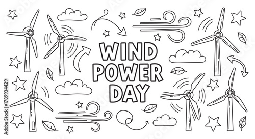 Hand drawn doodle collection for wind power day celebration. Outline set of turbines, windmills, and ecological elements for sustainable energy concepts and environmental awareness