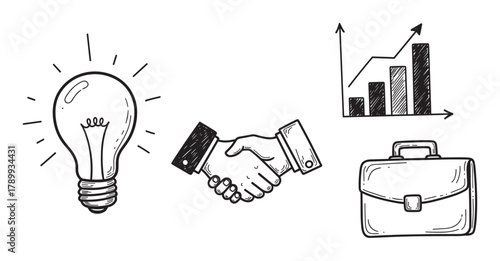 Hand drawn business icons set featuring a light bulb and handshake. Representing new ideas, partnership, and successful growth. A professional briefcase completes this conceptual collection