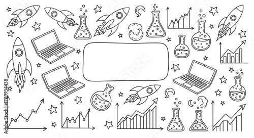 Hand drawn science and technology elements surrounding a blank frame. Rockets, laptops, lab flasks, and growing graphs for education and business innovation