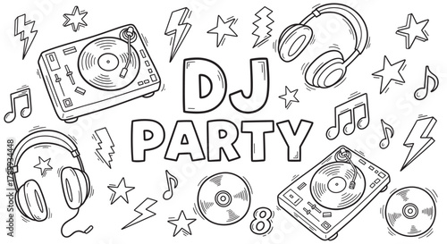 Hand drawn outline elements for a lively dj party celebration. Featuring turntables, headphones, music notes, stars, and lightning symbols. Great for event flyers or retro designs