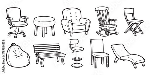 Hand drawn collection of various chairs and seating furniture icons. Set includes office chair, armchair, rocking chair, bench, stool, and chaise lounge for interior design