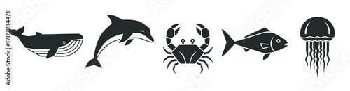 Collection of marine life icons featuring a whale, dolphin, crab, fish and jellyfish. Minimalist black silhouette symbols of sea animals for logo or web design elements