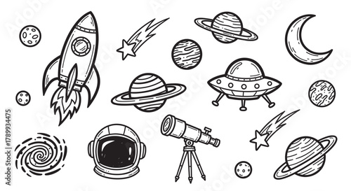 Collection of hand drawn space elements in a doodle style. Set includes rocket, astronaut helmet, planets, ufo, and telescope. Astronomy and galaxy exploration icons for creative projects