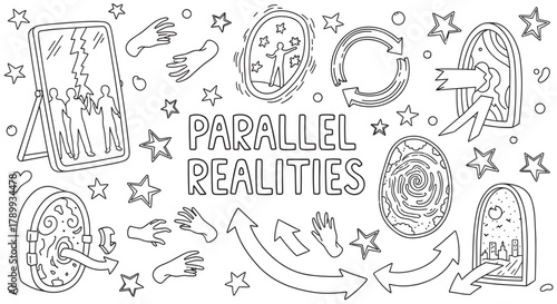 Hand drawn sketch collection of parallel realities and alternate dimensions. Symbolic icons like portals, mirrors, and arrows represent quantum physics concepts