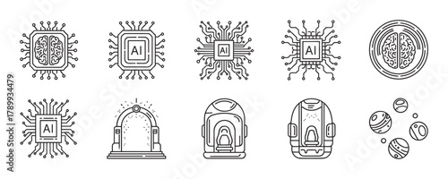 Artificial intelligence and future technology icon set. Collection of linear symbols for ai, brain chip, processor, space exploration, portal, and cryogenic pod for web design