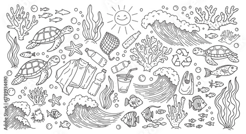 Hand drawn doodle set of marine life and plastic waste. Environmental concept of ocean pollution with turtles, fish, and garbage for ecological awareness materials