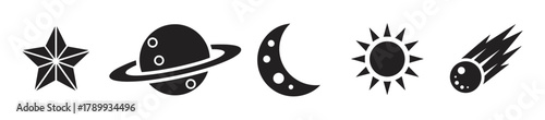 A collection of celestial bodies icons featuring a star, planet, crescent moon, sun, and comet. These simple black symbols are ideal for astronomy and space-themed graphic design projects