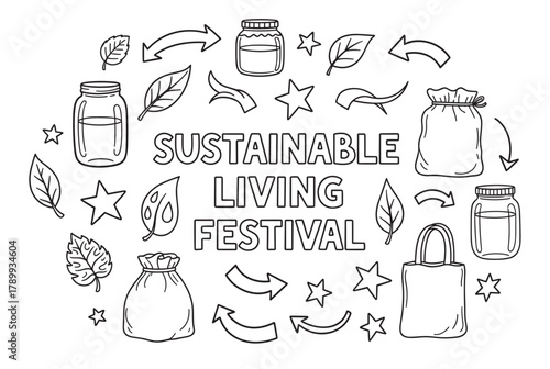 Sustainable living festival concept with hand drawn eco friendly icons. Zero waste doodle set with reusable jars, bags and recycling symbols for an environmental event