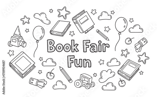Book fair fun doodle set for children's educational event promotion. Hand drawn collection of books, toys, and school supplies for a coloring page or activity sheet