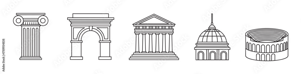 Fototapeta premium Ancient roman and greek architectural landmarks presented as a minimalist line art icon set. Ideal for history, travel, or educational design projects