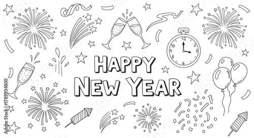 Happy new year celebration doodle art. Festive elements include fireworks, champagne glasses, and a midnight clock. Ideal for holiday greeting cards or party invitations