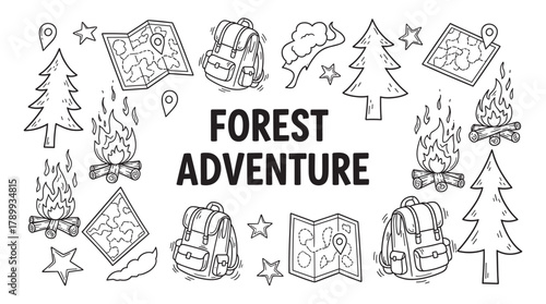 Forest adventure doodle set with camping and hiking equipment icons. Hand drawn collection of outdoor elements like a backpack map campfire and pine tree for travel design