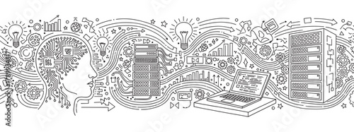 Artificial intelligence concept featuring a human head silhouette and circuit board. Data processing network with server racks, laptop, and lightbulbs. Digital technology and innovation