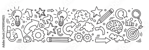 Hand drawn banner of business doodle icons for creative ideas and brainstorming. A collection of sketch elements representing innovation, strategy, and problem solving process