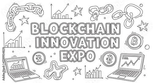 Blockchain innovation expo concept with doodle style elements. Cryptocurrency technology event banner with bitcoin and finance icons. Hand drawn fintech conference promotion