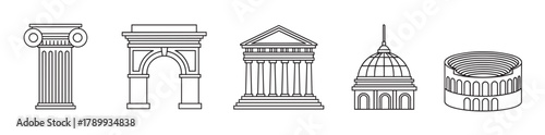 Ancient roman and greek architectural landmarks presented as a minimalist line art icon set. Ideal for history, travel, or educational design projects